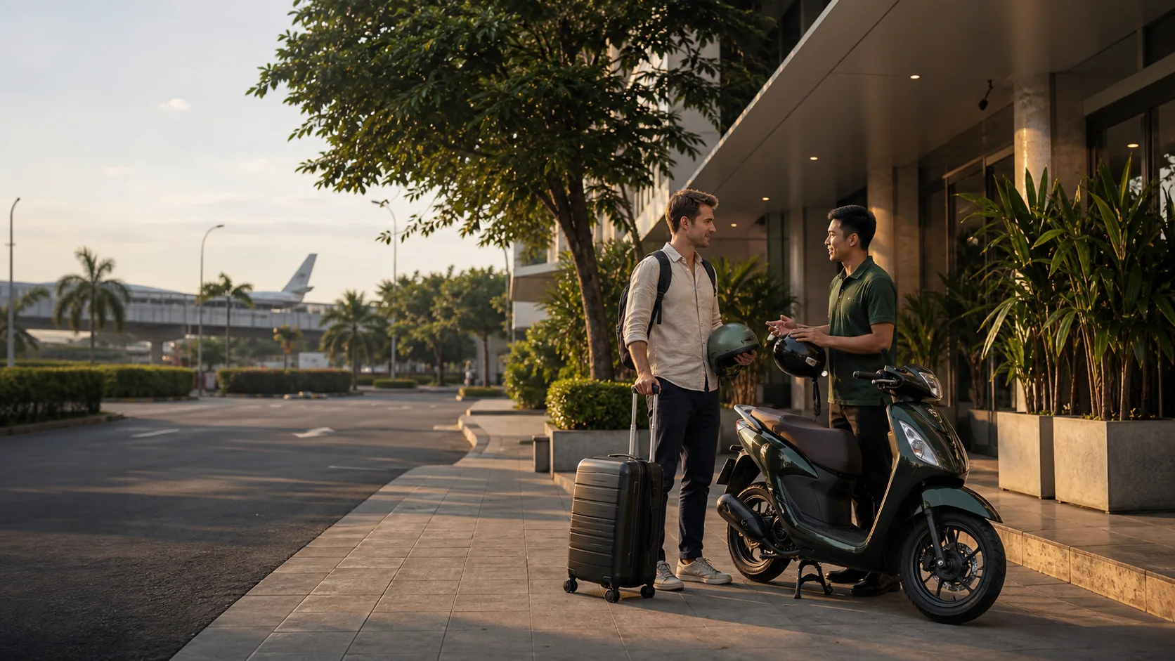 Traveller meeting a scooter rental partner beside an airport-area hotel after arriving in Ho Chi Minh City
