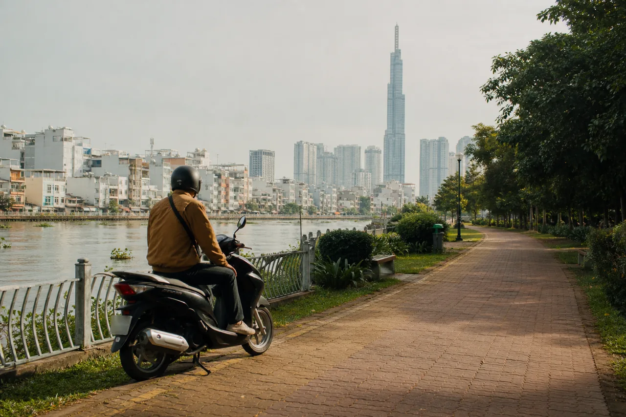 Scooter rider beside a Bình Thạnh riverside park with Landmark 81 and mixed neighbourhood housing