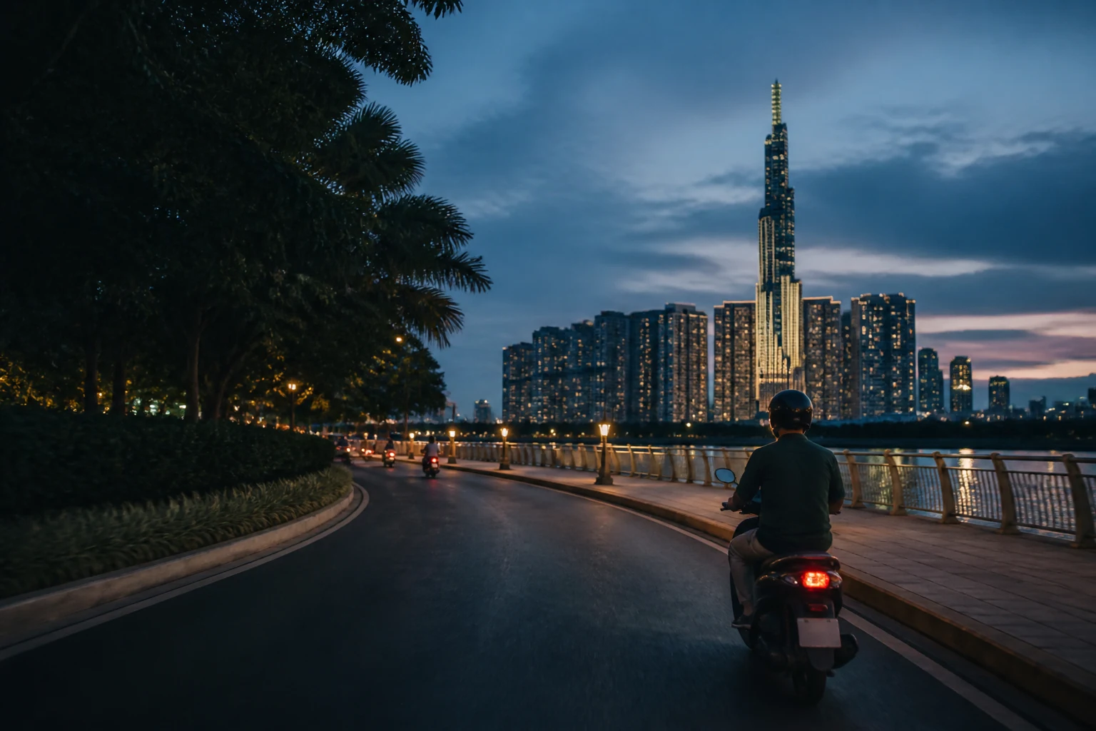 Helmeted scooter rider following the Bình Thạnh riverside promenade with Landmark 81 ahead