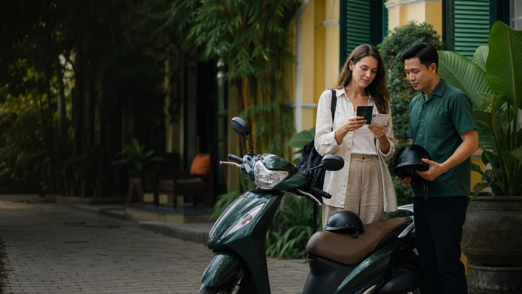 Traveller and local rental partner checking a driving licence and travel documents beside a scooter in Ho Chi Minh City