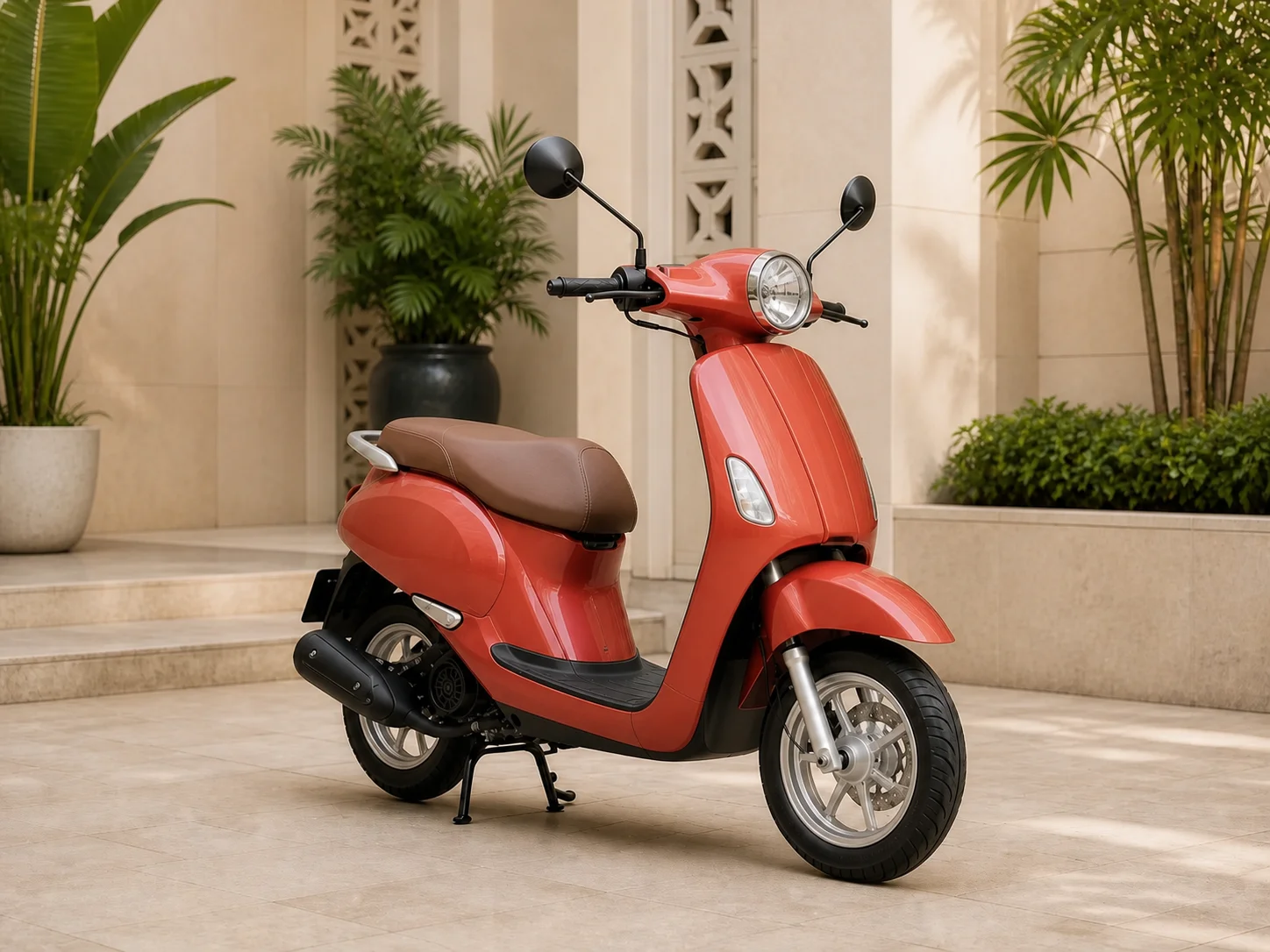Compact red 50cc moped-class scooter photographed in a quiet Ho Chi Minh City courtyard