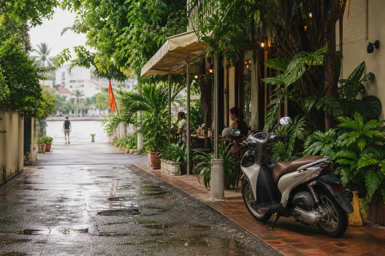 Parked scooter beside a leafy riverside café lane in Thảo Điền